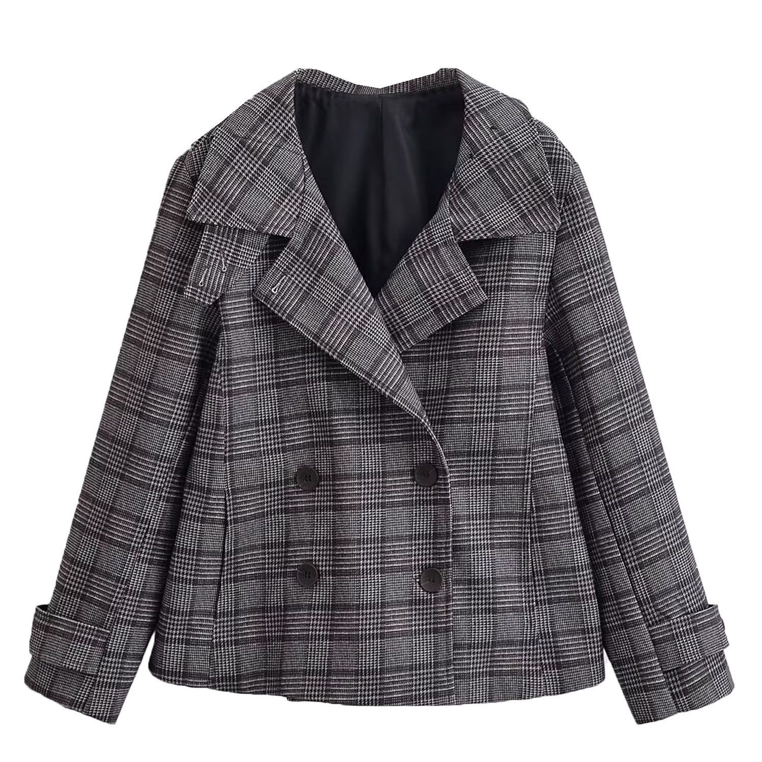 Women's Plaid Double-Breasted Casual Blazer KUN-00148