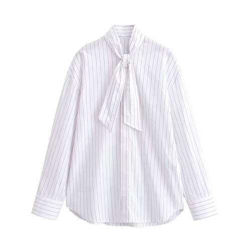 Striped Scarf Blouse - European Style Trendy Shirt KUN-00085