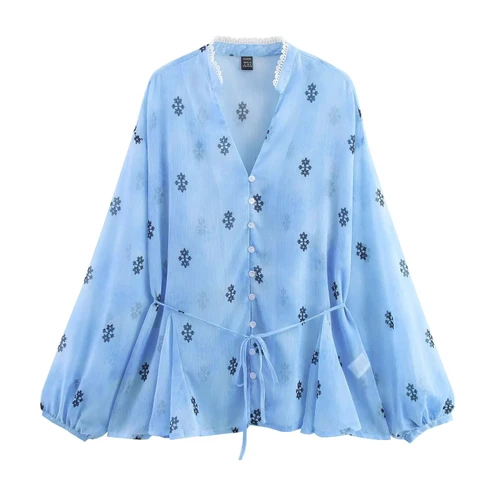 Chiffon Blouse - Floral Lace Waist Slimming Top KUN-00121