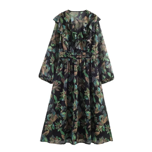 Women's Floral Print Long Sleeve Dress Classic Casual Chic KUN-00017