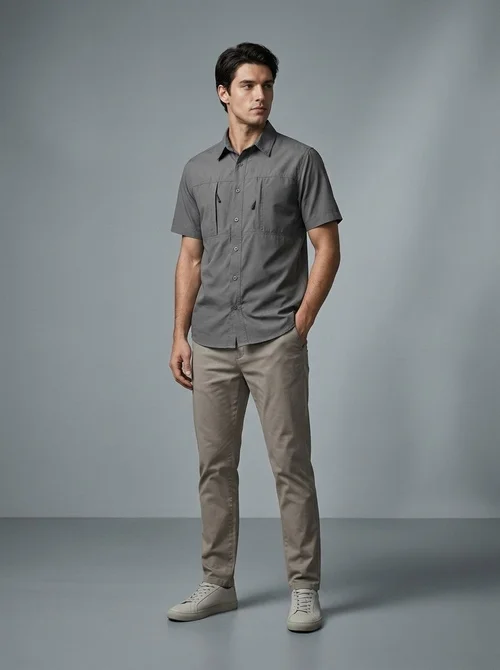 Men's Outdoor Tactical Short Sleeve Shirt with Hidden Chest Pockets