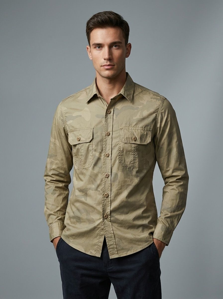 Men's Camouflage Long Sleeve Military Style Shirt