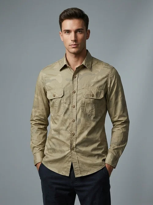 Men's Camouflage Long Sleeve Military Style Shirt