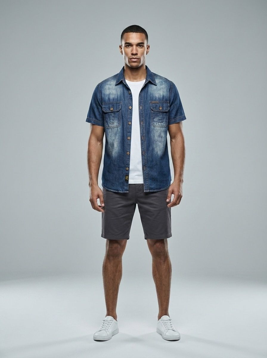 Men's Short Sleeve Denim Shirt - Casual Workwear Top