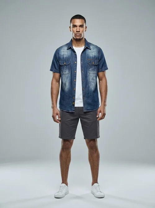 Men's Short Sleeve Denim Shirt - Casual Workwear Top