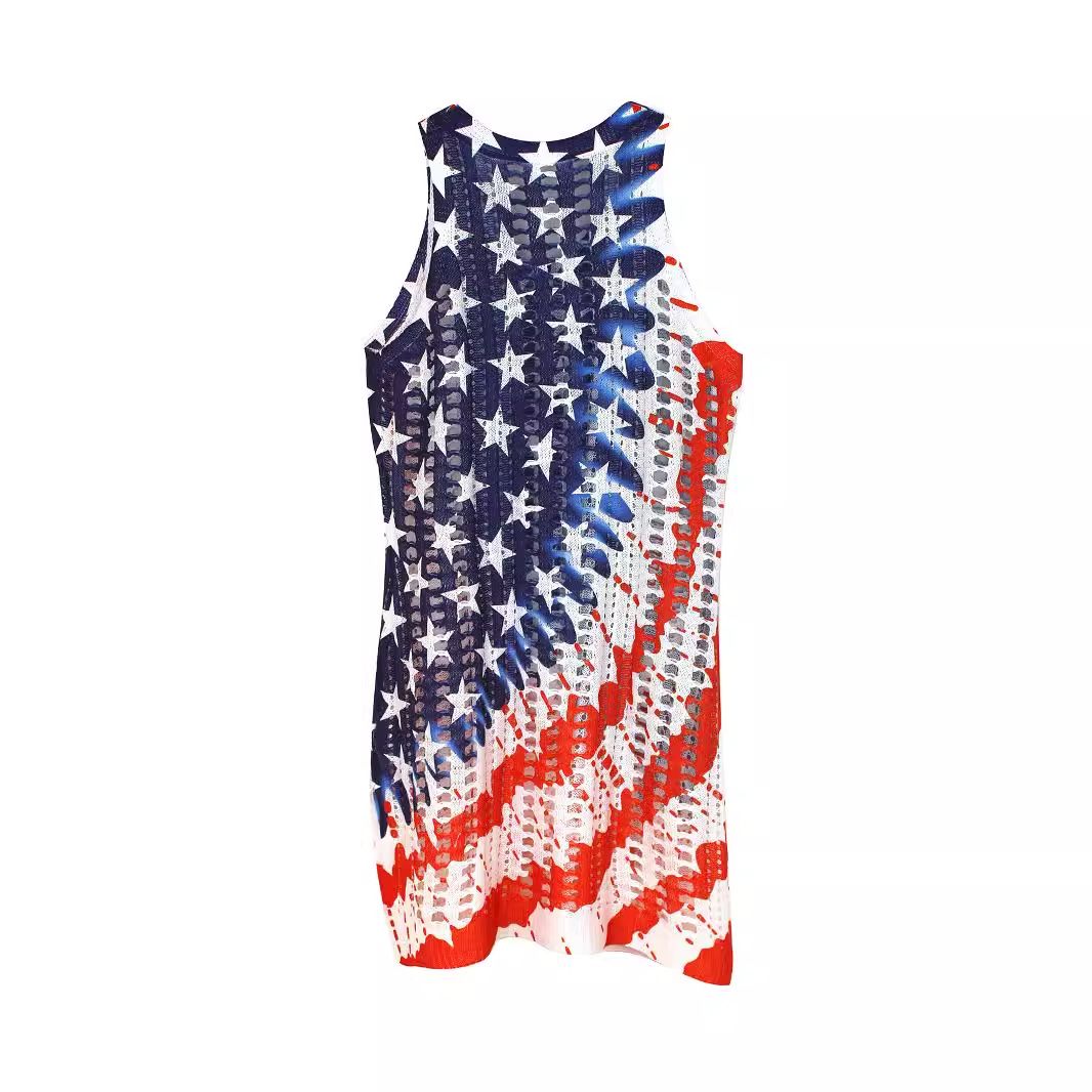 Sleeveless V Neck American Flag Tank Top Summer Beach