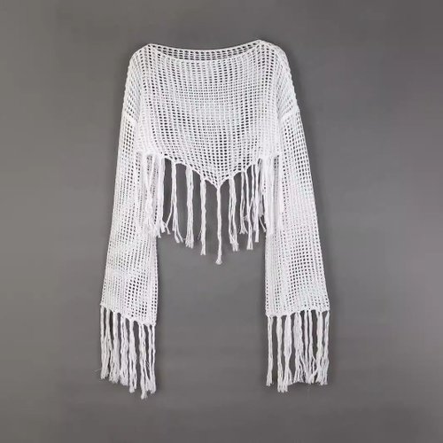 Vestido playero de crochet con hombros descubiertos y manga larga para mujer, verano primavera SSU-00122