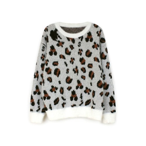 Knit Leopard Print Sweater Long Sleeve Crew Neck Pullover SSU-00059