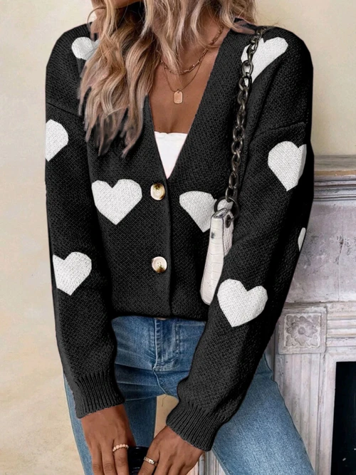 Women's Heart Knit Cardigan Sweater - Long Sleeve Valentine's Day