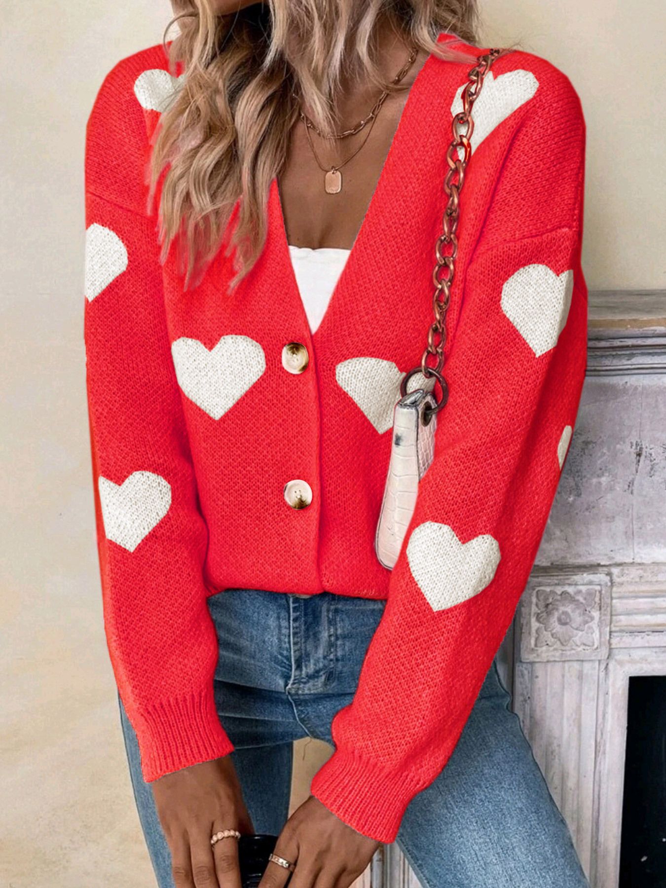 Women's Heart Knit Cardigan Sweater - Long Sleeve Valentine's Day