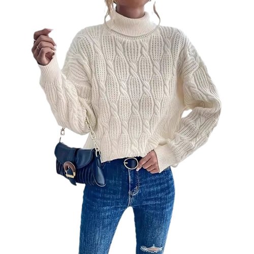 Suéter de punto trenzado para mujer, cuello alto grueso, manga larga, otoño SSU-00112