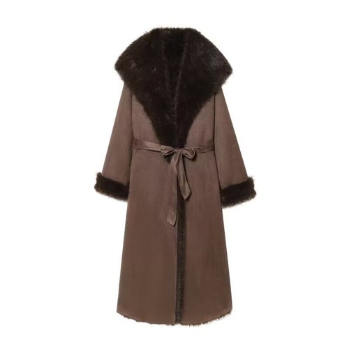 Faux Fur Belted Coat - European Style Women's Outerwear KUN-00051