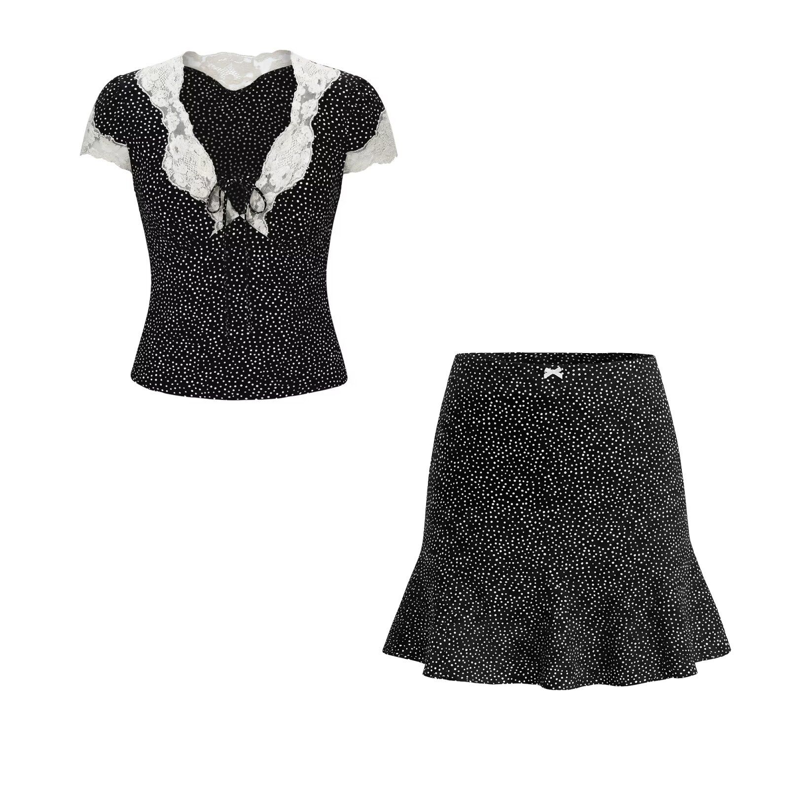 Vintage Polka Dot Lace Top & Skirt Set KUN-00026