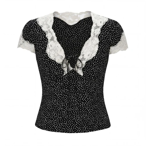 Conjunto de top y falda de encaje con lunares vintage KUN-00026