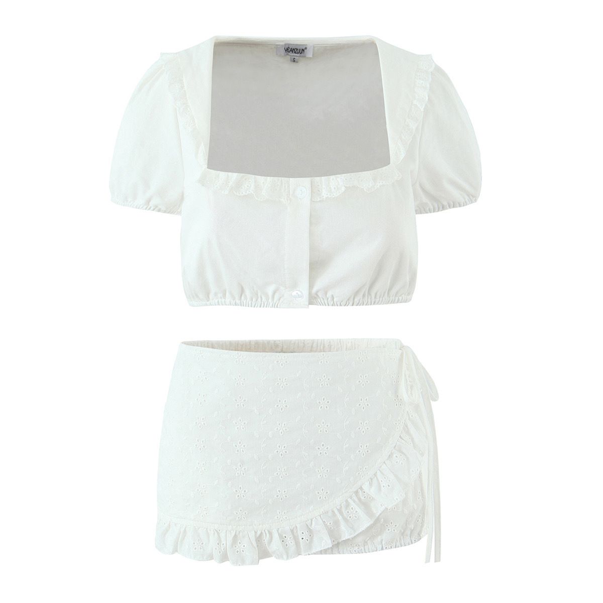 Conjunto de top y falda de estilo cottagecore con ribete de encaje KUN-00028