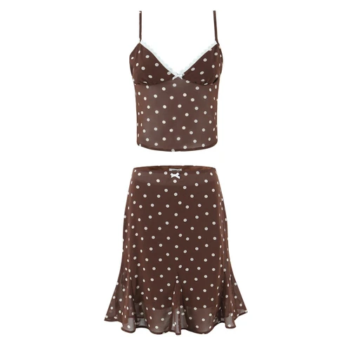 Conjunto de vestido camisola retro de lunares - Espalda descubierta y volantes sexy KUN-00094