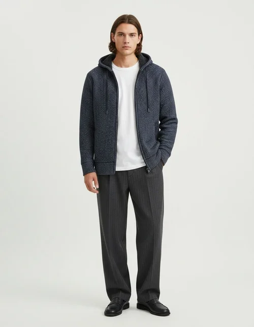 Cardigan da uomo spesso con cappuccio e cerniera, foderato in pile, in maglia.