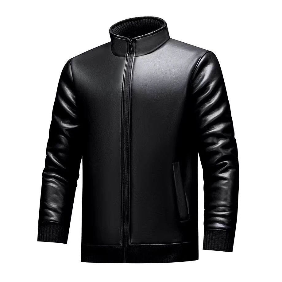 Men's Casual Fleece Lined Shiny Fake Leather Jacket