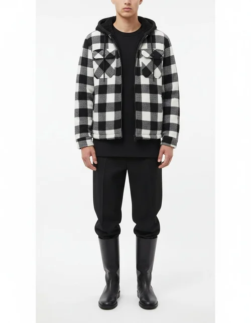 Giacca-camicia da uomo super calda a quadri con cappuccio, fodera in pile e tasche.