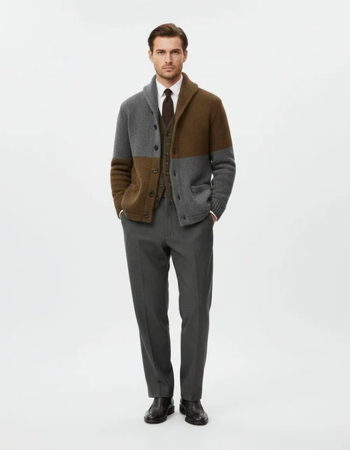 Cardigan da uomo leggero con risvolto e blocchi di colore, maglione versatile in maglia