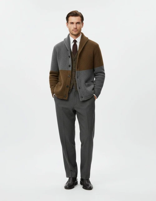 Men's Lightweight Lapel Color Block Cardigan Versatile Knit Sweater