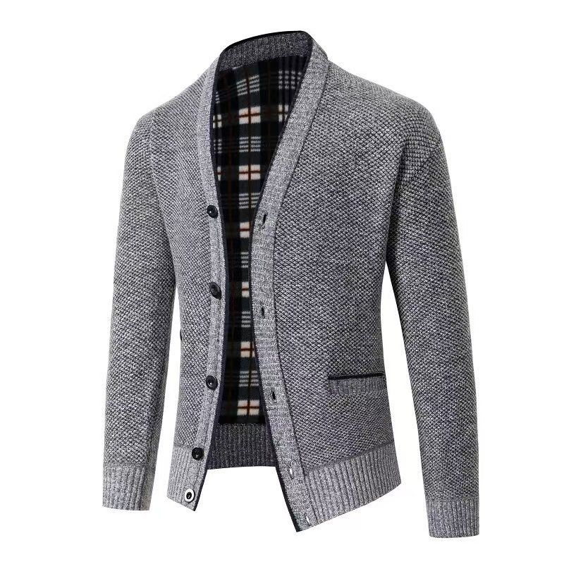 Men's Slim Fit Fleece Lined V-Neck Thick Knit Cardigan Sweater