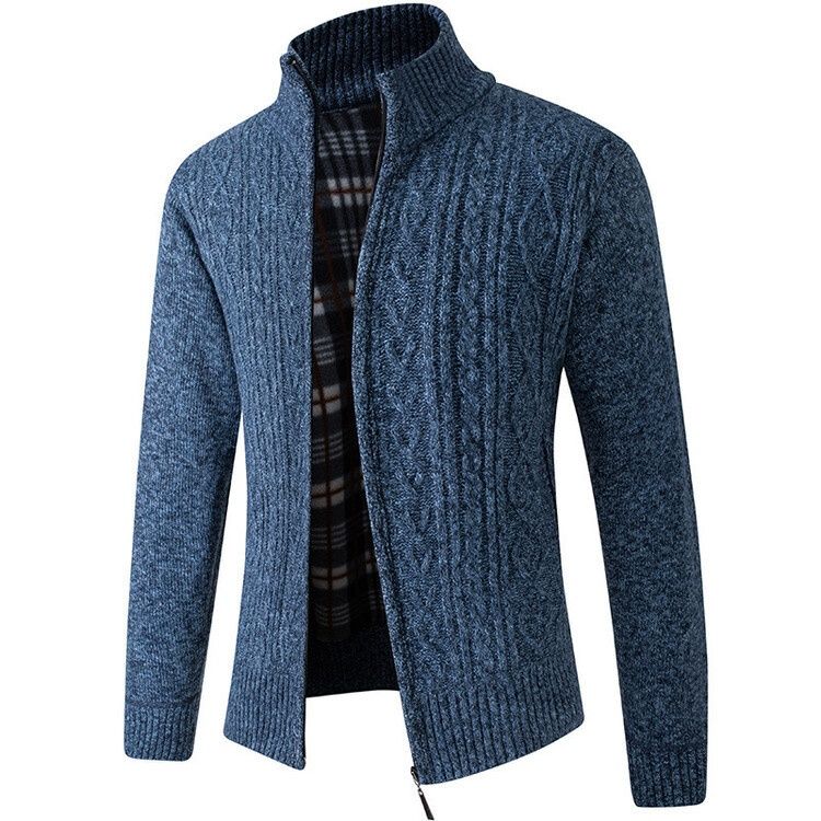 Men's Thick Jacquard Knit Cardigan Stand Collar Warm Long Sleeve Sweater