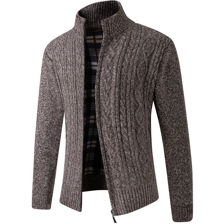 Men's Thick Jacquard Knit Cardigan Stand Collar Warm Long Sleeve Sweater