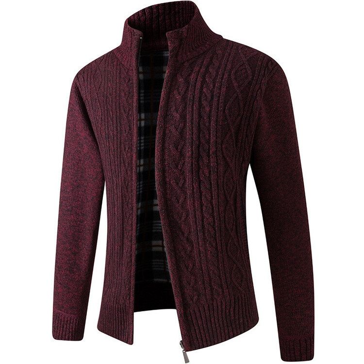 Men's Thick Jacquard Knit Cardigan Stand Collar Warm Long Sleeve Sweater