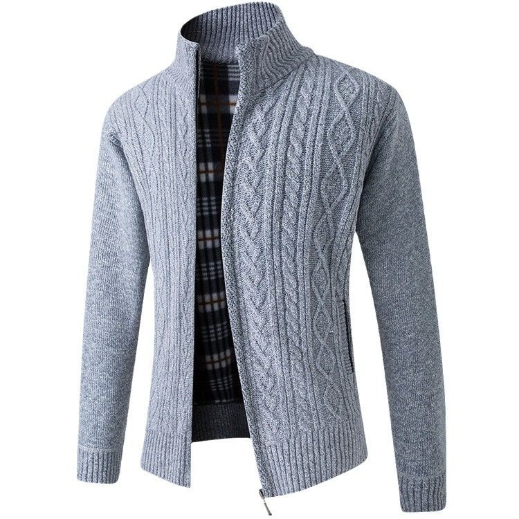 Men's Thick Jacquard Knit Cardigan Stand Collar Warm Long Sleeve Sweater