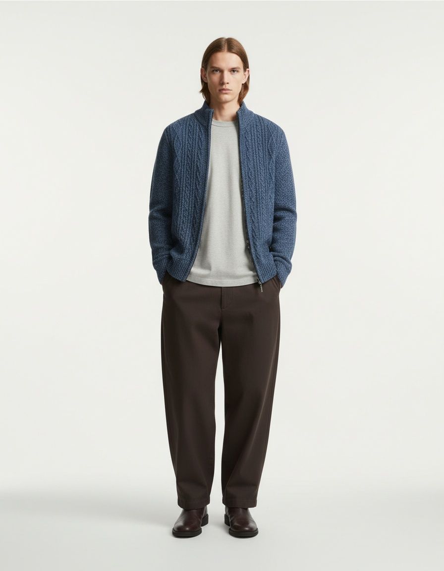 Men's Thick Jacquard Knit Cardigan Stand Collar Warm Long Sleeve Sweater