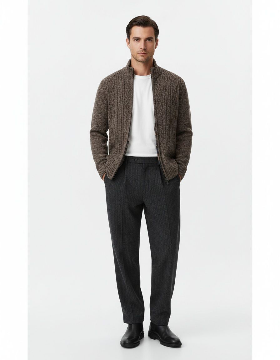 Men's Thick Jacquard Knit Cardigan Stand Collar Warm Long Sleeve Sweater