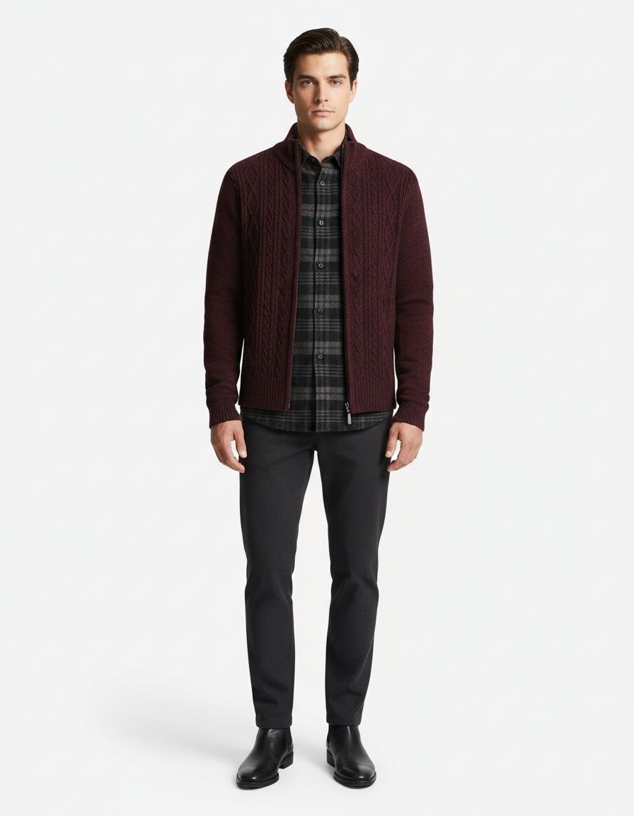 Men's Thick Jacquard Knit Cardigan Stand Collar Warm Long Sleeve Sweater