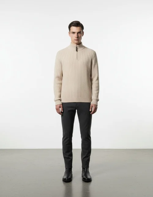 Pull à col montant zippé pour homme, en maille unie, style décontracté