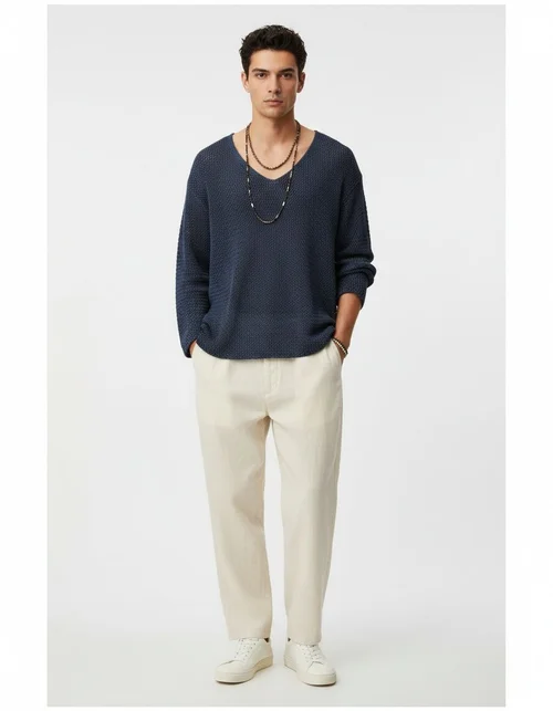 Pull en maille pour homme, couleur unie, manches longues