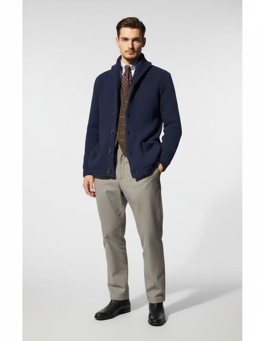 Men's Color Block Lapel Knit Sweater Loose Fit Outerwear Top