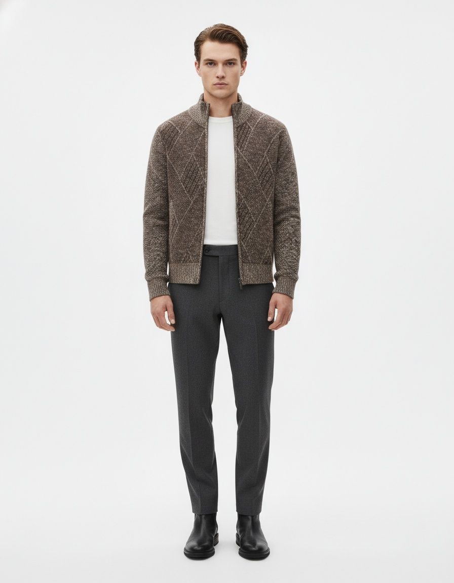 Men's Stand Collar Knit Cardigan Jacquard Long Sleeve Sweater