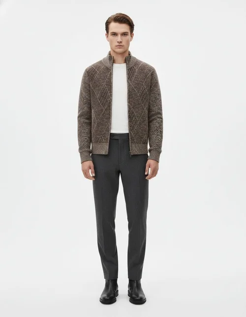 Gilet cardigan en maille jacquard à col montant et manches longues pour homme