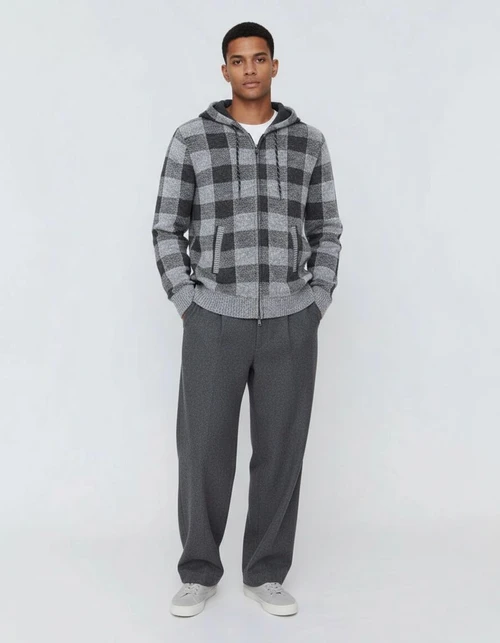 Men's Thick Zip-Up Hooded Knit Cardigan Plaid Sweater Jacket