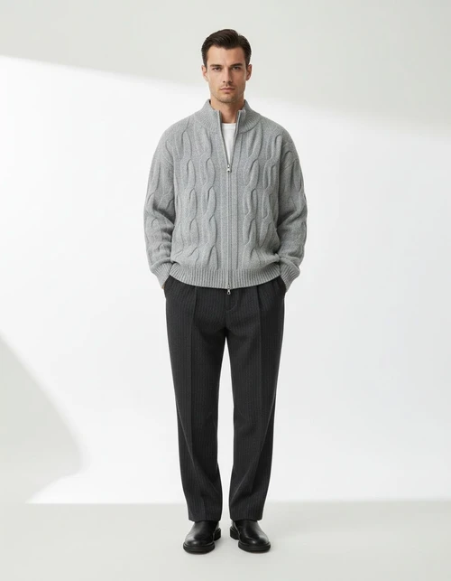 Men's Retro Cable Knit Zip Cardigan Casual Sweater