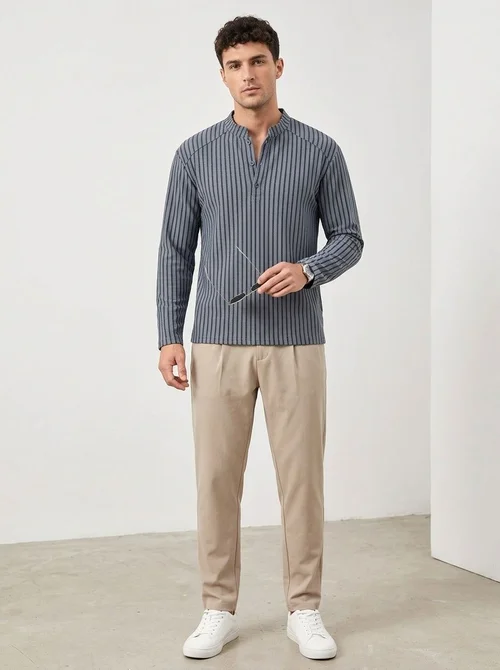 Chemise décontractée à rayures pour homme, col montant et manches longues