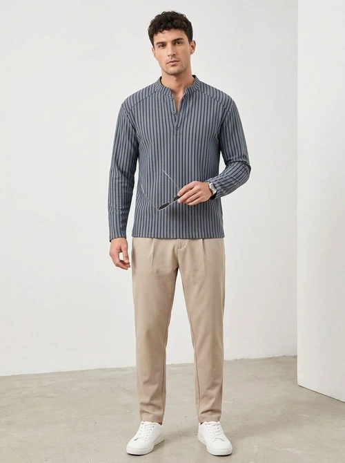 Men's Striped Stand Collar Long Sleeve Casual Shirt