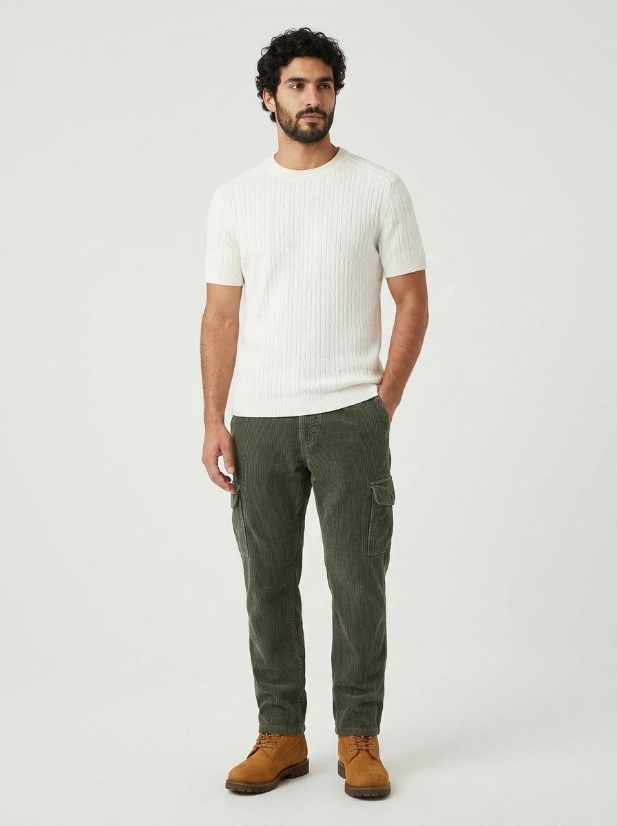 Men's Cable Knit Short Sleeve T-Shirt Crew Neck