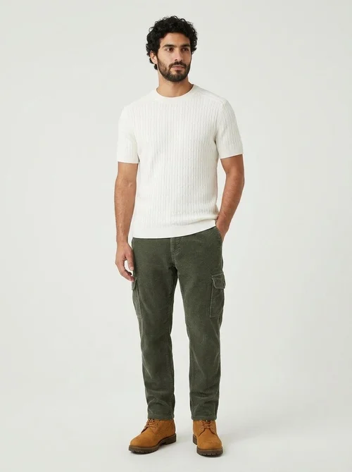 Men's Cable Knit Short Sleeve T-Shirt Crew Neck