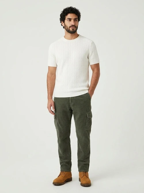 Men's Cable Knit Short Sleeve T-Shirt Crew Neck