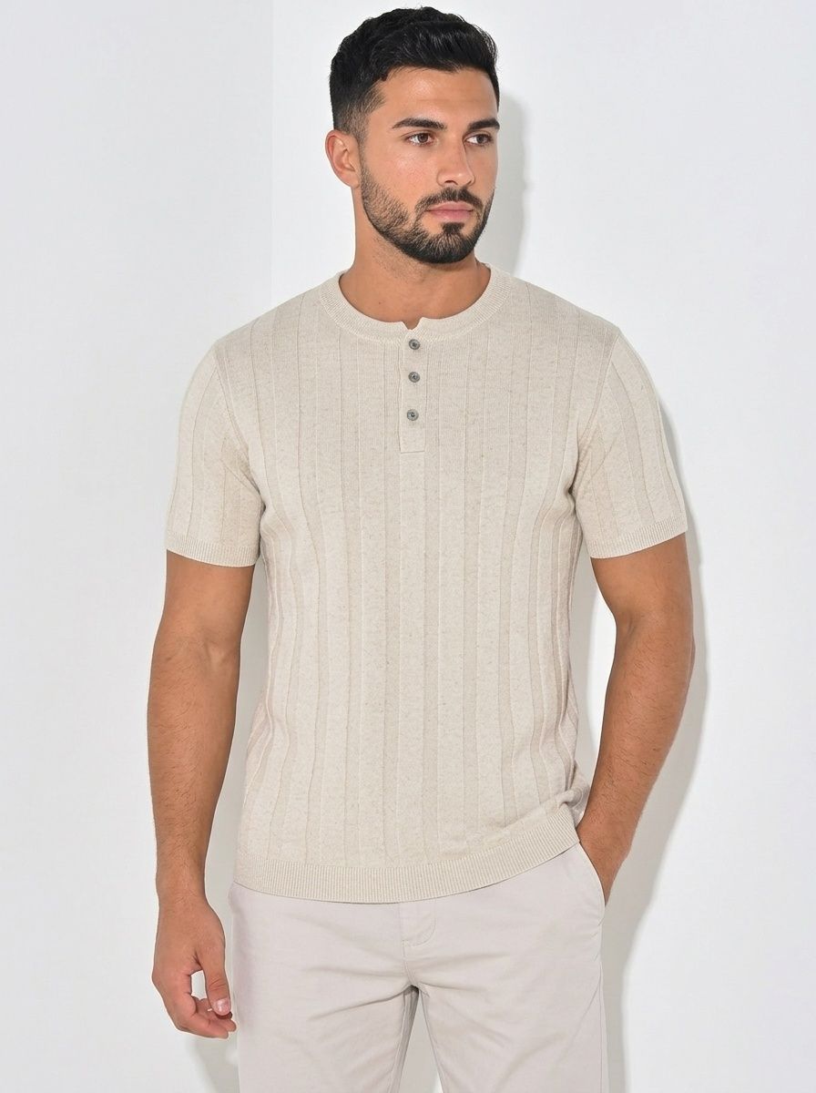 Men's Ribbed Knit Henley Shirt - Short Sleeve Comfort