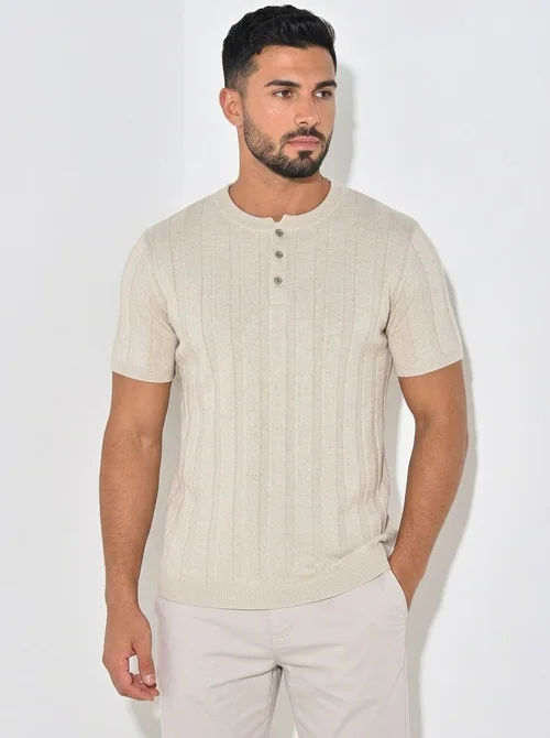 T-shirt Henley côtelé pour homme - Manches courtes confortables