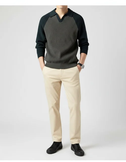 Pull en maille à col polo et demi-zip pour homme, revers contrastés, haut décontracté