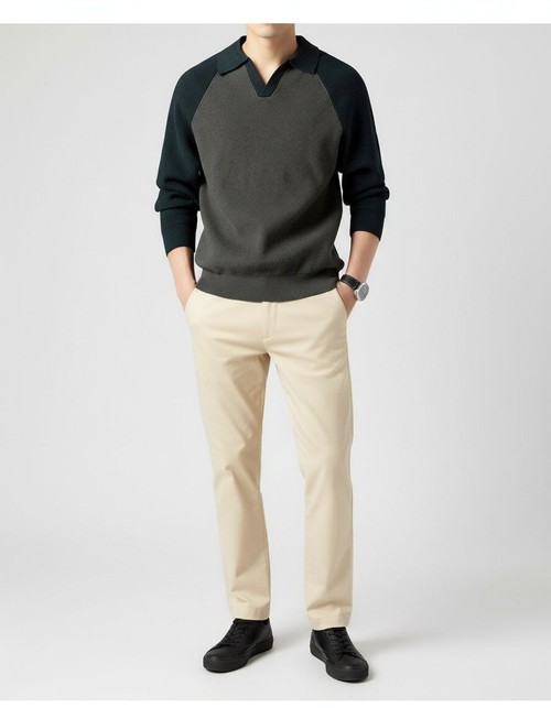 Men's Polo Collar Half-Zip Knit Sweater Contrast Lapel Casual Top