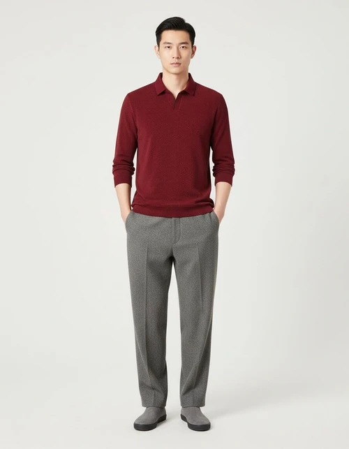 Men's Long Sleeve Lapel Polo Sweater Solid Color Simple Knit Polo Shirt